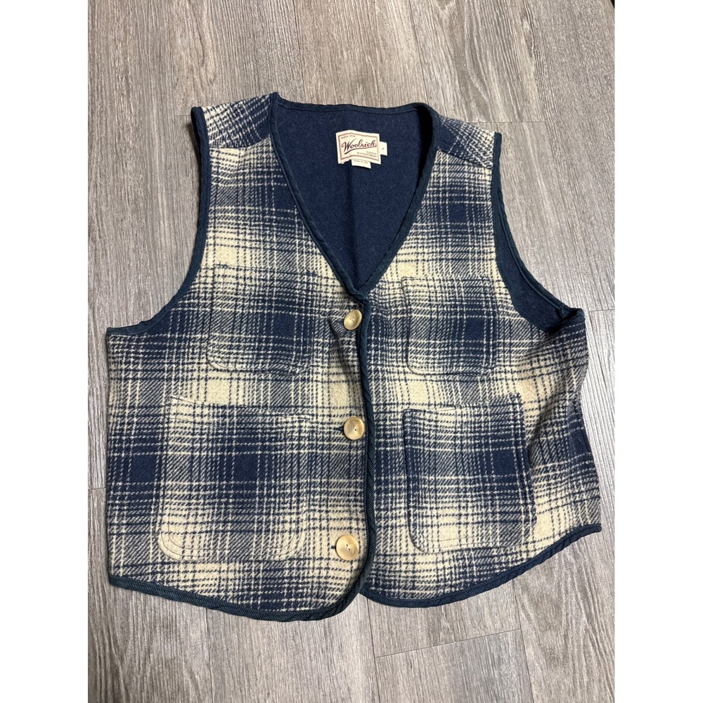 Woolrich Vintage Plaid Wool Vest Navy Blue Cream Made in USA Womens Large